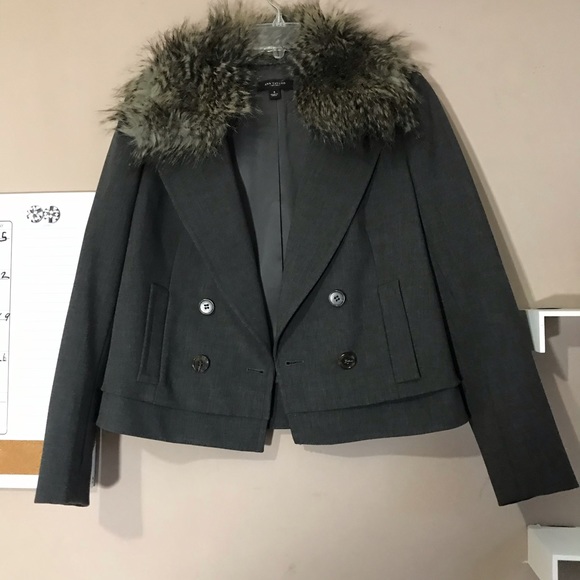 Ann Taylor Blazer Jacket Gray Faux Fur Collar Work - Picture 3 of 8